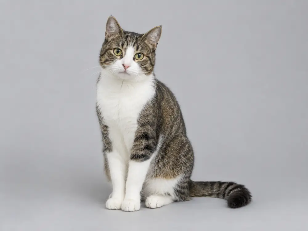 Friendly mixed-breed tabby and white domestic shorthair cat