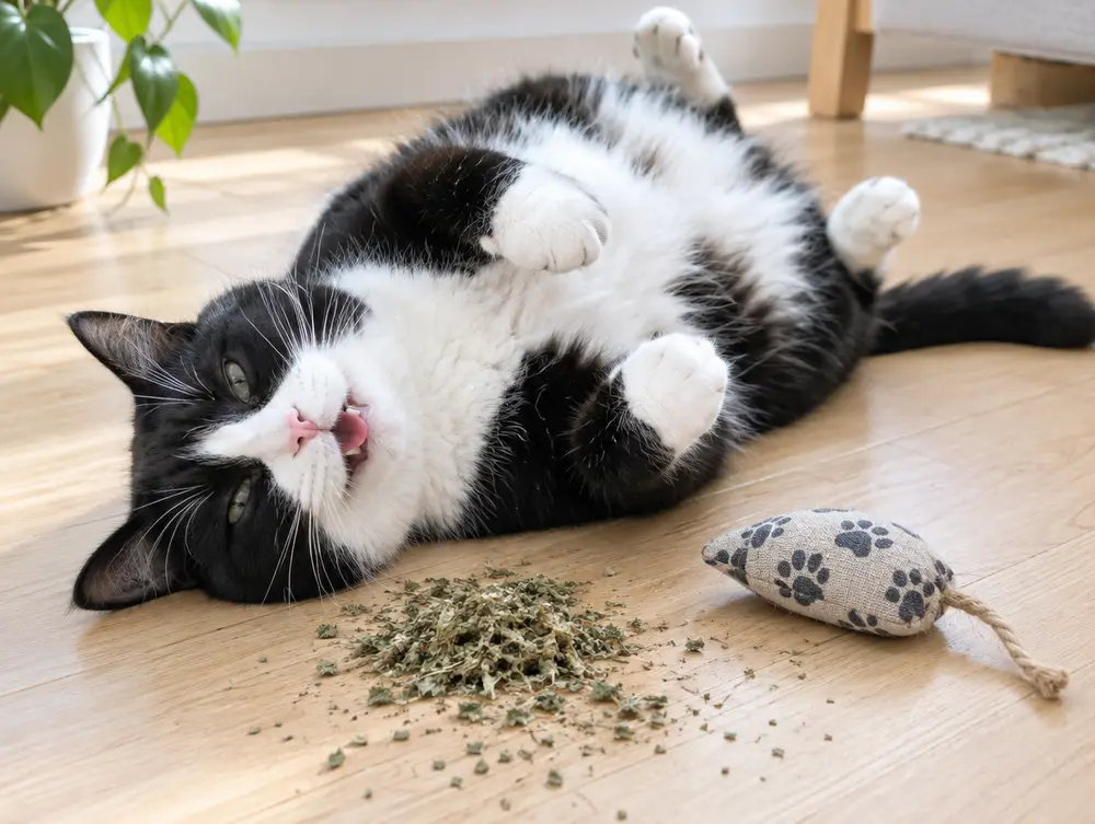 Happy cat rolling on its back next to dried catnip and a toy