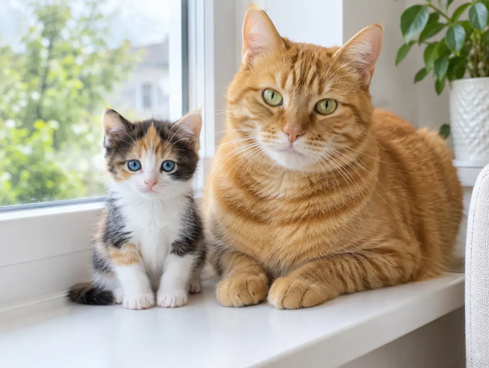 Tiny calico kitten sitting next to a large orange tabby cat on a windowsill
