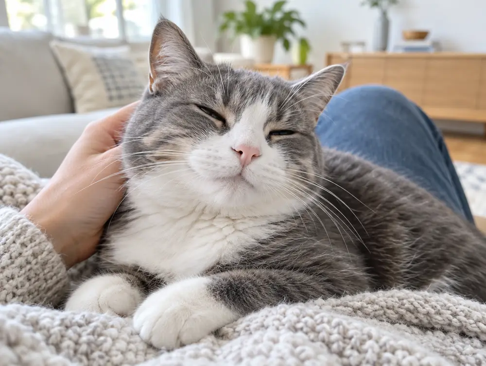 Content grey and white cat purring on a person's lap