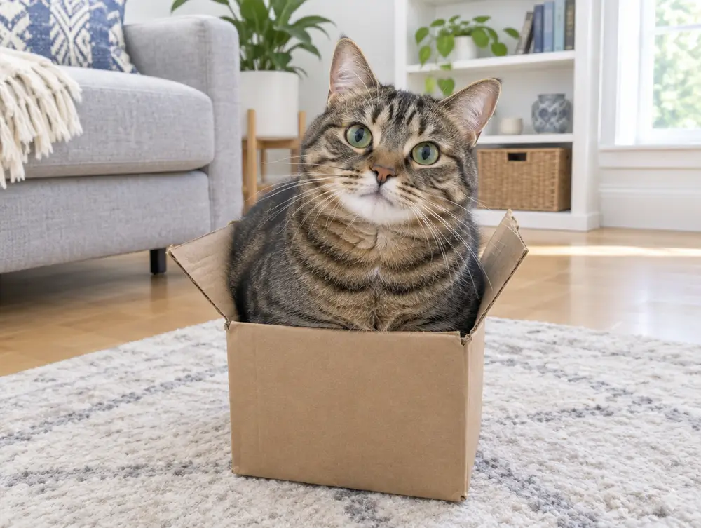Tabby cat sitting in a cardboard box that is slightly too small