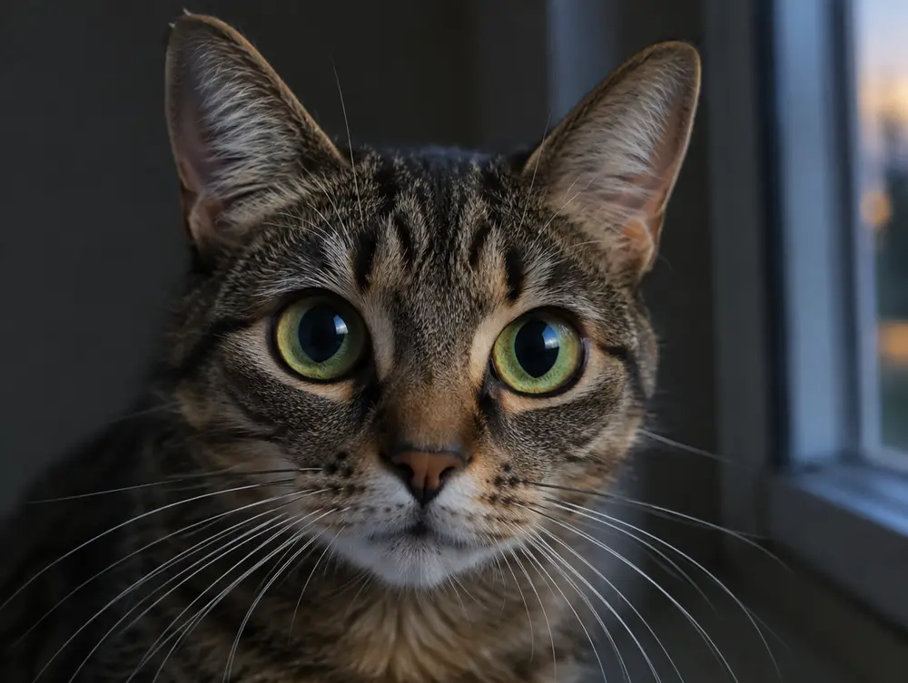 Close-up of a cat's face with large eyes and alert ears