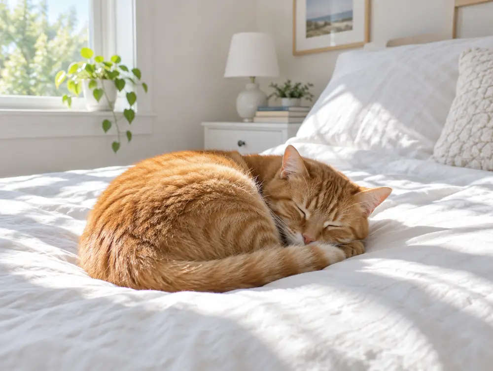Ginger cat sleeping curled up in sunlight on a bed
