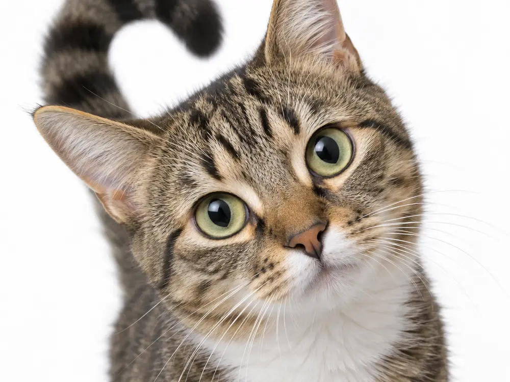 Close-up of an expressive tabby cat face with question-mark tail