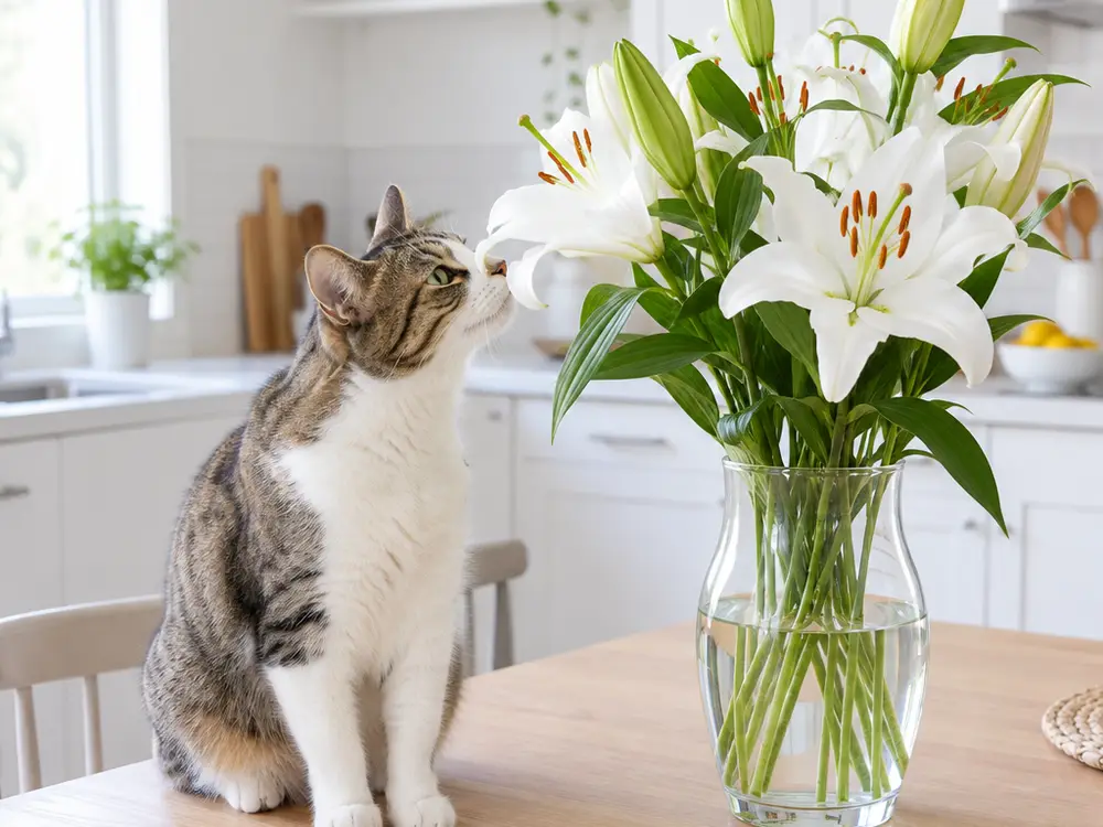Curious cat sniffing a vase of lilies — lilies are highly toxic to cats