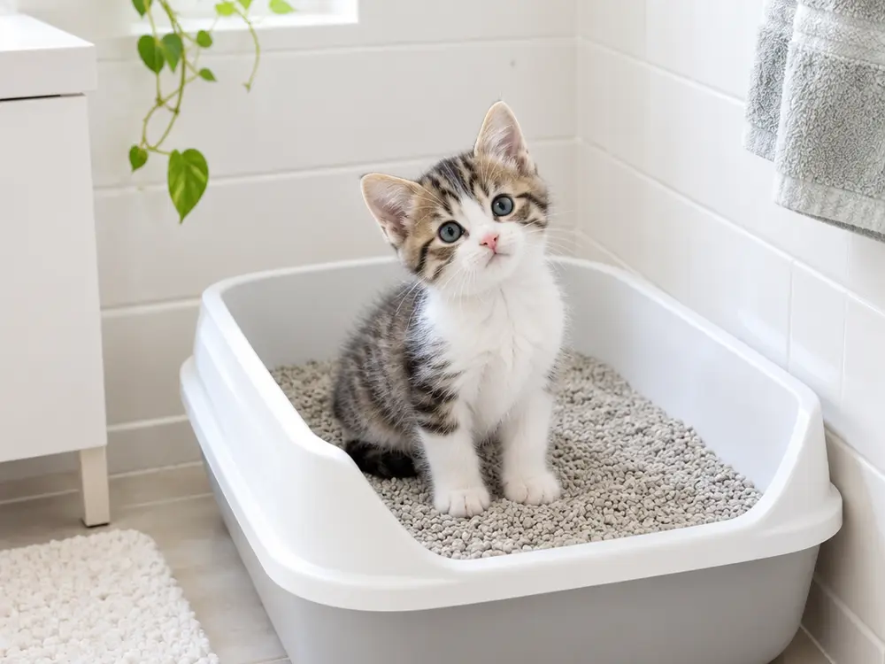 Kitten sitting in a clean litter box