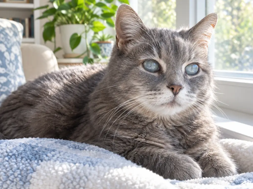 Senior grey cat resting on a blanket by a sunny window