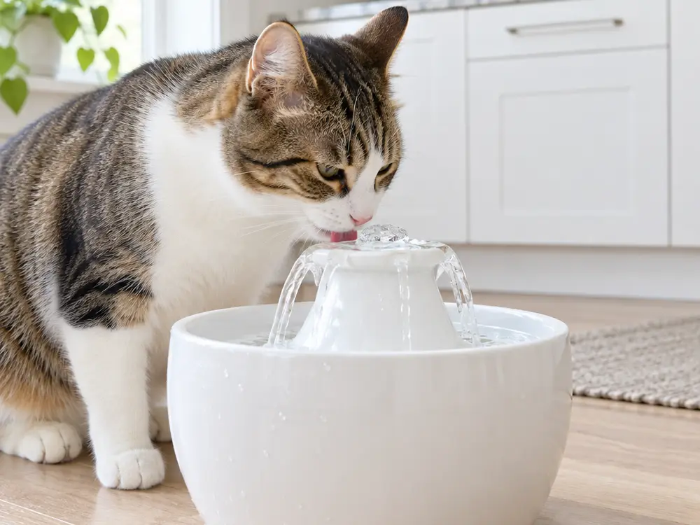 Cat drinking from a water fountain