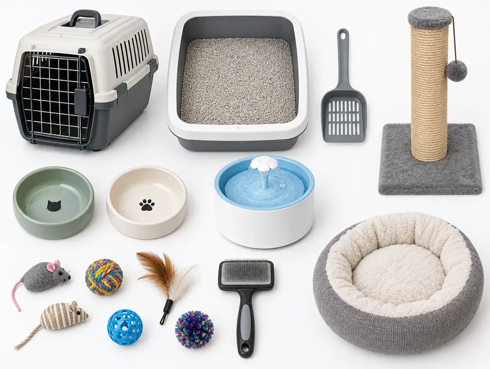 Flat lay of cat supplies including carrier, litter box, bowls, fountain, scratching post and toys